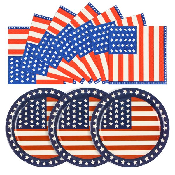 40PCS American Flag Paper Plates and Napkins Party Supplies, Disposable Patriotic Party Plates and Napkins Tableware Set for Memorial Day 4th of July Independence Day Decorations Serves 20 Guests
