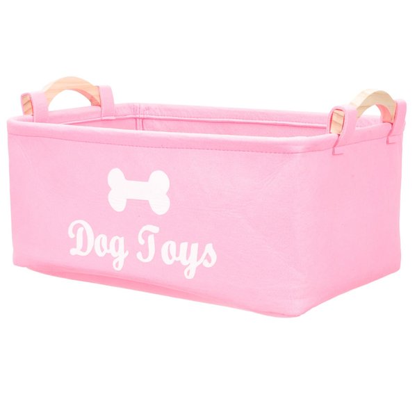 TEHAUX Dog Toys Storage Bins with Wooden Handle, Foldable Dog Toy Box Felt Dog Toy Basket Pet Toy Organizer for Organizing Dogs Chew Toys, Blankets, Leashes - 14.93" X9.82" X7.07" (Pink)