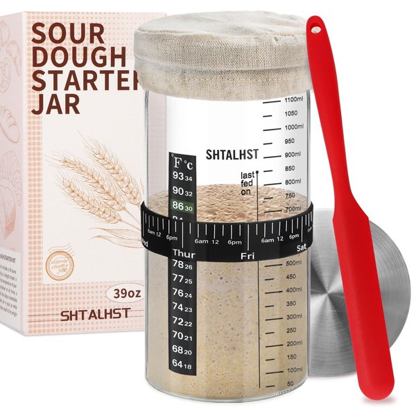 Sourdough Starter Jar Kit-1100ml/39Oz, Sourdough Starter Kit, Sour Dough Starter Jar With Stainless Steel Lid, Thermometer, Silicone Scraper, Cloth Cover And Date Marked Feeding Band (1 Pack)