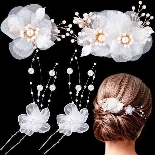 HINZIC 2 Pcs Bridal Hair Clips and 2 Pcs Wedding Hair Pins White Flower Pearl Hair Comb Pins Barrettes Hair Accessories for Bride Bridesmaids Women Girls