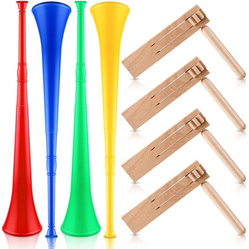 Outus 8 Pcs Noise Makers Include 4 Collapsible Stadium Horn 26 Inch Vuvuzela Plastic Trumpet Horn 4 Mexicanas Noise Ratchet Wooden Spinning Ratchet Noise Maker for Sporting Events Sports Party Favors