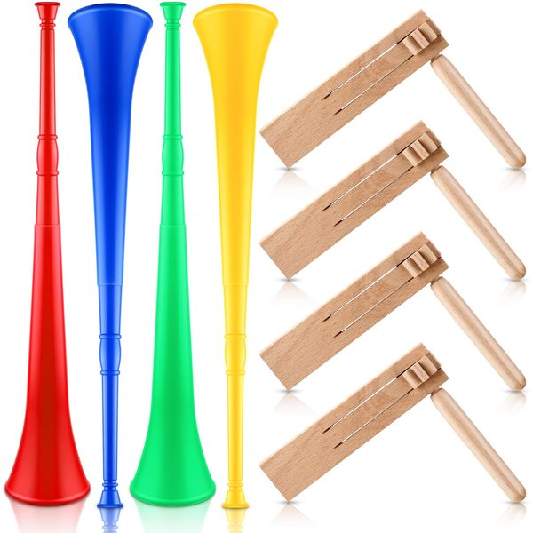 Outus 8 Pcs Noise Makers Include 4 Collapsible Stadium Horn 26 Inch Vuvuzela Plastic Trumpet Horn 4 Mexicanas Noise Ratchet Wooden Spinning Ratchet Noise Maker for Sporting Events Sports Party Favors