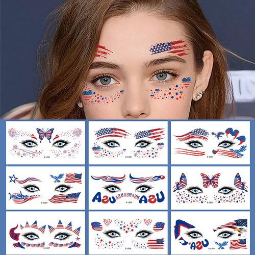 10Sheets 4th of July Temporary Tattoos Stickers for Face Eye Art Decoration, Fourth USA Independence Day Patriotic Pattern Red White Blue Flag Star Fake Tattoo Accessories for Kids Adult MakeUp Parade