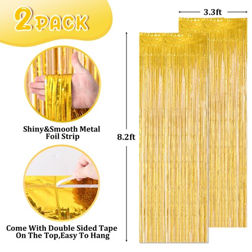Voircoloria 2 Pack Laser Gold Tinsel Foil Fringe Curtains, Gold Party Decorations, Metallic Tinsel Party Streamers Backdrop for Birthday Baby Shower Graduation Wedding New Years Party Decorations
