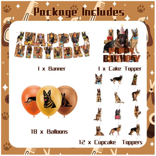 German Shepherd Party Decorations Funny Dog Birthday Party Supplies Includes German Shepherd Birthday Banner, Cake Topper, Cupcake Toppers, Balloons