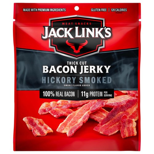 Jack Link's Bacon Jerky, Hickory Smoked, 2.5 oz. Bag - Flavorful Ready to Eat Meat Snack with 11g of Protein, Made with 100% Thick Cut, Real Bacon, Perfect Hunting Trip Snacks (Packaging May Vary)