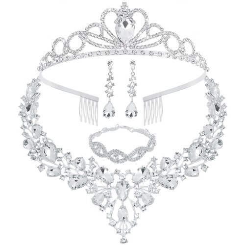 COCIDE Silver Jewelry Set for Women Crystal Tiara and Necklace Kit for Girls Rhinestone Crown Earrings Neck Accessories for Bride Wedding Birthday Party Bridal Prom Bridesmaid Dress up (Silver-5)