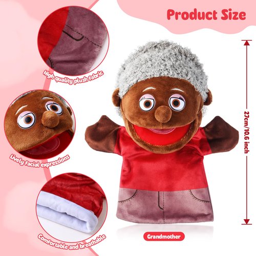 1 Pcs Family Hand Puppets 12 Inch Grandparents Mom Dad Brother Sister Plush Hand Puppet Toys Role-Play Toy Puppets for Kids Storytelling Imaginative Pretend Play Teaching Preschool(Black Grandmother)
