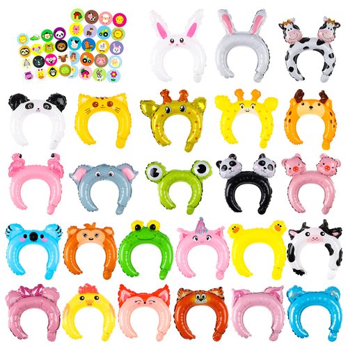 MALLMALL6 50p Zoo Animal Inflatable Headbands Wildlife Balloon Hair Hoop Include Forest Safari Fa...