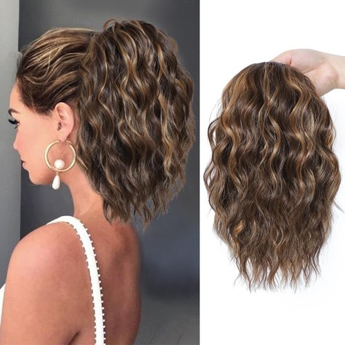 YOLANFAIRY Drawstring Ponytail Extension 12 Inch Wavy Curly Fake Ponytail Hair Extensions Short Synthetic Pony Tails Hair Pieces for Women (Brown Mix Golden Brown)