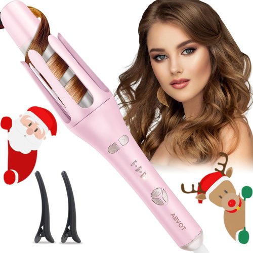ABVOT Automatic Rotating Curling Iron 1 1/4 inch for Long Hair, Dual Voltage, Heat Up Fast, Auto Shut Off, Anti Scald Design, Hair Curler with Ceramic Barrel for Shiny & Effortless Curls, Pink