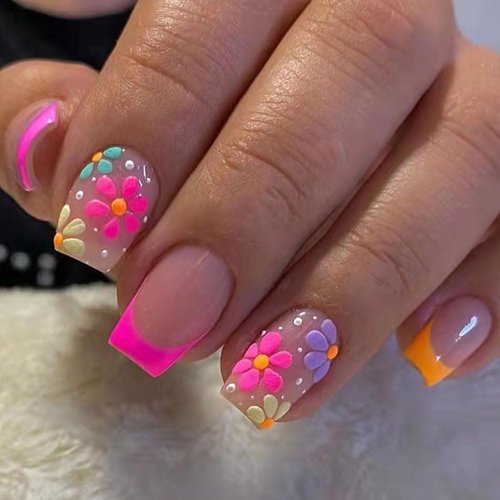 WAFOLOZE Press on Nails Medium Square Fake Nails Red French Tip False Nails with Polychromatic Flower Relief Press ons Designs Acrylic Nails Press on Artificial Nails Stick on Nails for Women 24Pcs
