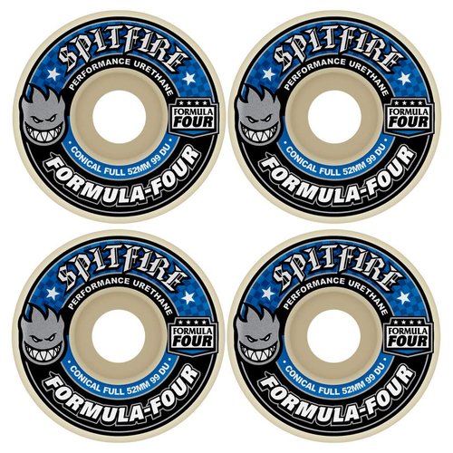Spitfire Formula 4 Conical Full White / Blue Skateboard Wheels - 53mm 99a (Set of 4)