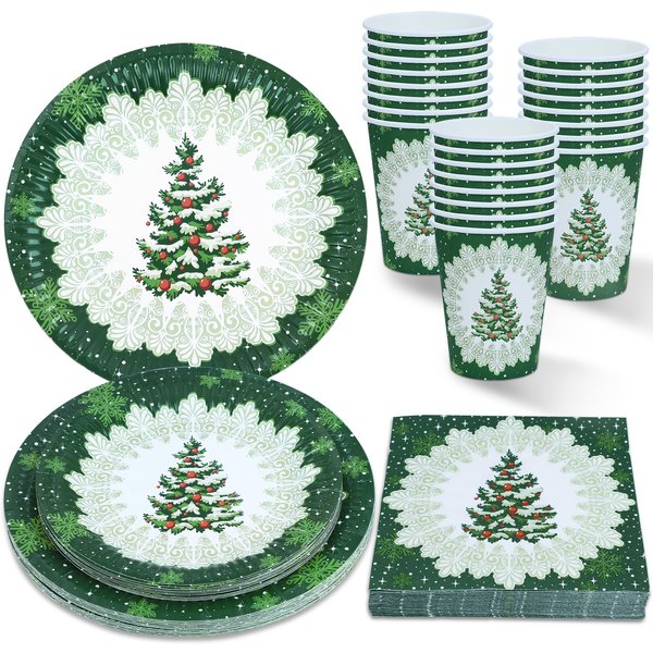 Christmas Party Plates Napkins Paper Cups Tableware Set 96 Pieces Paper Plates Disposable Green Christmas Tree Table Decorations Party Supplies