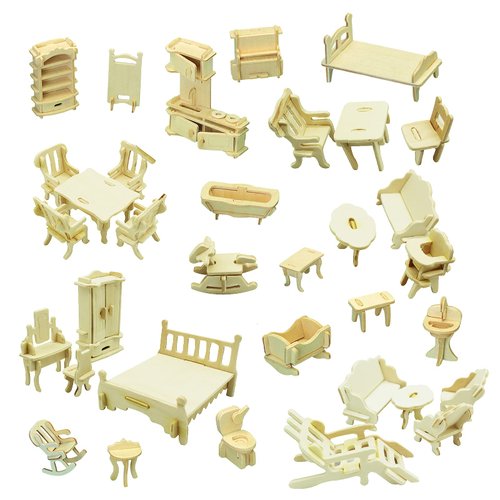 Small Furniture,Dollhouse Furniture and Accessories 34PCS Wooden Dollhouse Furniture Set 3D Puzzle Miniature Puzzle Doll House Furniture Kit Puzzle Gift for Kids Teens and Adults