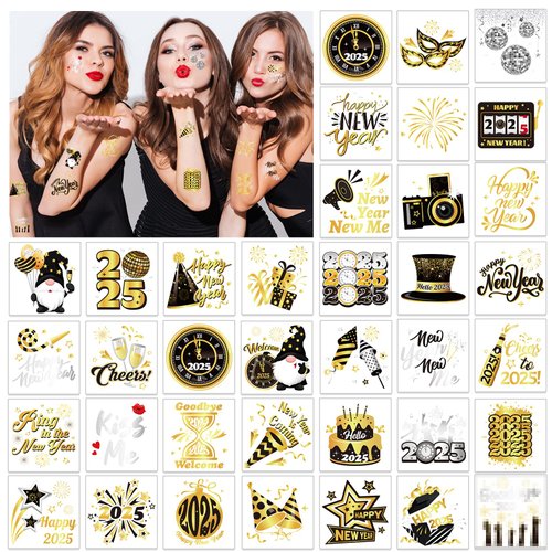HOWAF 72pcs New Years Temporary Tattoos, 2025 NYE Party Favors Tattoos Stickers,New Year Face Tattoos for Happy New Year Eve Party Decorations,New Years Firework Temporary Tattoos, Black Gold Silver