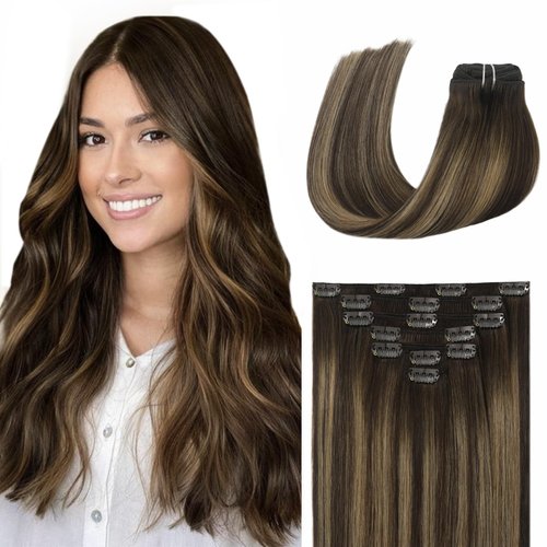 EYEFULL STELL Balayage Clip in Hair Extensions Real Human Hair 14 inch 120G 7PCS Remy Straight Na...