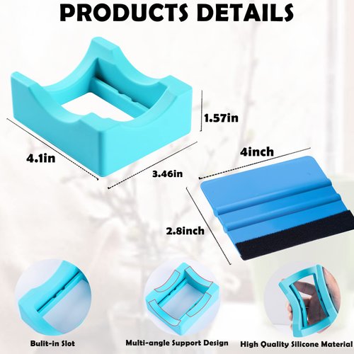 Silicone Cup Cradle with Built-in Slot for Crafts Use to Apply Vinyl Decals for Tumblers, Small Stand Cup Holder with Felt Edge Squeegee for Bottles（Cyan)