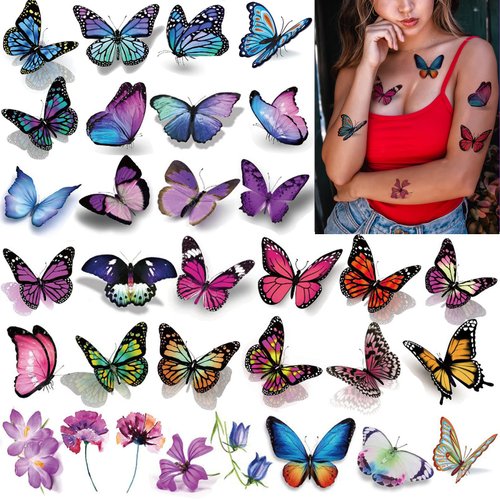 Coszeos 120Pcs Butterfly Temporary Tattoos for Women Girls Kids, Fake Colorful Butterflies Wings Tattoo Stickers Art 3D Waterproof for Face Body Arm Birthday Party Favors Makeup Supplies Gifts