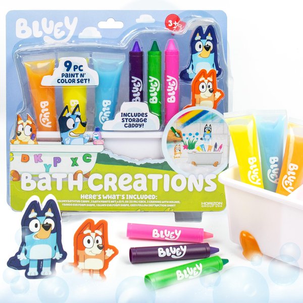 Bluey Bath Creations, 9-Piece Bluey Activity Set, Fun Bluey Bath Toys, Includes Washable Bath Paints, Bath Crayons, Bath Toy Storage, Bath Paint for Toddlers 1-3, Fun Bluey Gifts, Toddler Art Supplies