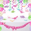 WERNNSAI Watercolor Dinosaur Party Supplies - 65 Pcs Pink Dino Theme Birthday Party with Happy Birthday Banner Hanging Swirls Balloons Ribbons Set for Kids Girls Jurassic World Party Birthday Supplies