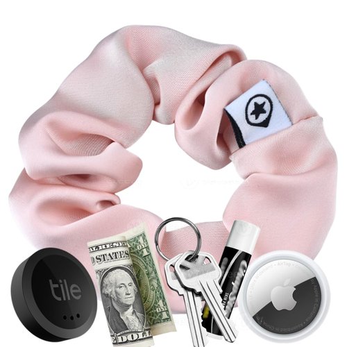 SafeTrack HairTag Child Size Satin Hair Scrunchie GPS, Money Key Holder Hidden Zipper Pocket Elastic Ponytail Small Bracelet For AirTag Tile SmartTag (Pink)