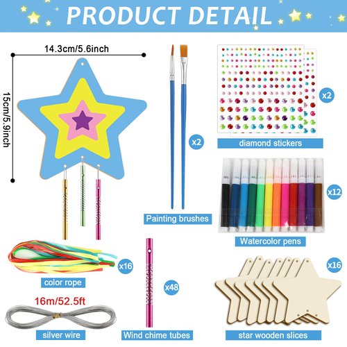party greeting 16 Pack Star Wind Chime Kits Crafts for Kids Make Your Own Star Wind Chime Ornament Wooden DIY Coloring Arts Crafts for School Home Princess Fairy Party Decor Supplies Birthday Gifts