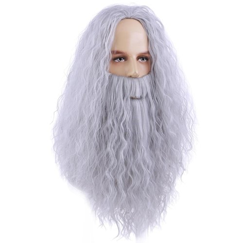 BERON Mens Wigs and Beard Long Gray Grey Wizard Wig and Beard Cosplay Halloween Costume Wig