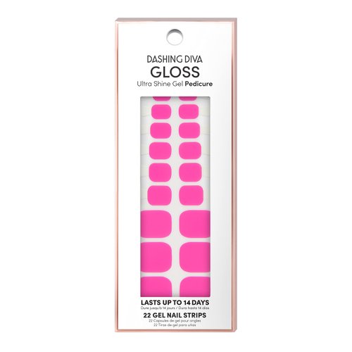 Dashing Diva Gloss Pedicure Nail Strips - Shocking Pink | UV Free, Chip Resistant, Long Lasting Gel Pedicure Stickers | Contains 22 Nail Wraps, 1 Prep Pad, 1 Nail File