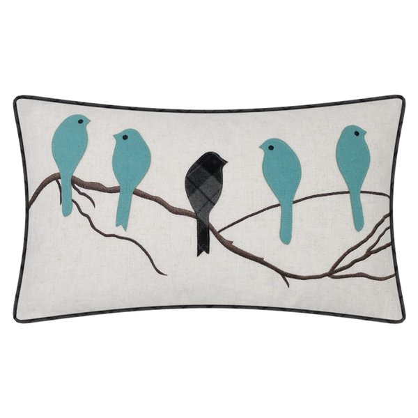 JWH Birds Accent Pillow Case Applique Hand Emobroidery Cushion Cover Wool Decorative Pillowcase Home Sofa Car Bed Living Room Decor Sham Gift 14 x 24 Inch Teal Blue with Gray Plaid Birds on Branch