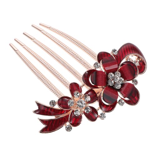 KALLORY Flower Rhinestone Hair Comb, Crystal Bridal Hair Side Comb Clip Vintage Wedding Hair Piece for Women Girls ( Red )