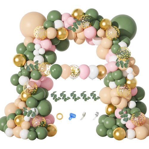 Amandir 166Pcs Sage Green Balloon Garland Arch Kit Olive Green Blush Peach White Gold Balloons Artificial Eucalyptus Stems Jungle Safari Baby Shower Birthday Party Baptism Decorations for Boys Girls