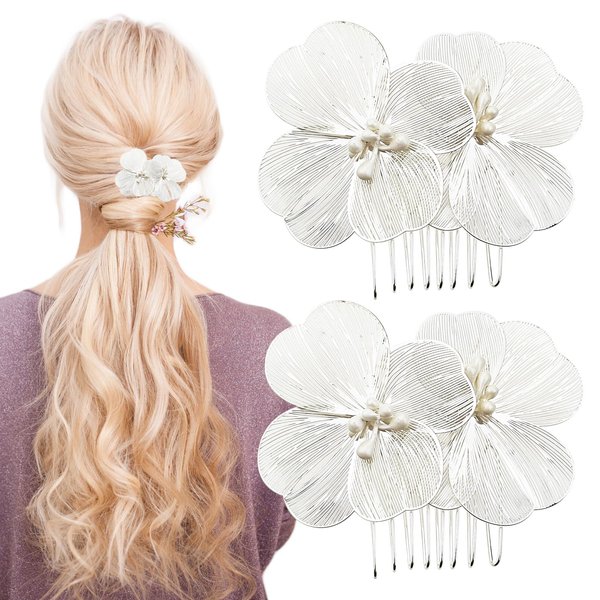 2 PACK Metal Flower Hair Combs, Flower Metal Hair Side Combs, Silver Hair Clip Headpiece Hair Combs, Women's Decorative Petal-Shape Silhouette Flower Hair Clips, for Bride, Party, Prom