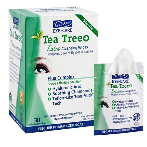 Dr. Fischer Tea Tree Oil Eye Wipes - Hypoallergenic Eyelid Wipes for Sensitive Eyes with Hyaluronic Acid and Chamomile, Makeup Remover, Daily Cleanser (30 wipes)