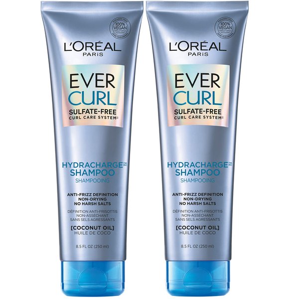 L'Oreal Paris EverCurl Sulfate Free Shampoo for Curly Hair, Lightweight, Anti-Frizz Hydration, Gentle on Curls, with Coconut Oil, 2 Count (8.5 Fl; Oz each) (Packaging May Vary)