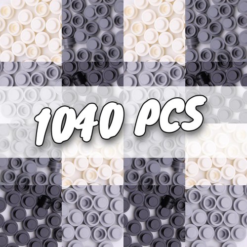 WYSWYG 1040PCS Building Bricks Dots-Black and White Round Plates with Custom Pixel Building Blocks - Transparent Pieces, Studs and Bulk for MOC Mosaic Accessories Kit, Compatible with Leading Brands