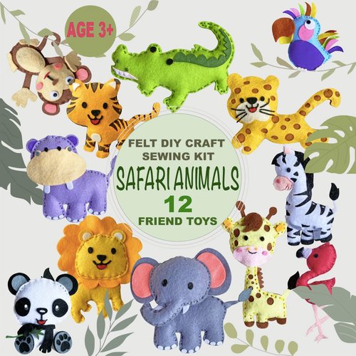 MOVEBO Sewing Kit for Kids, Fun and Educational safri Animal Craft Set for Boys and Girls Age 7-12, Sew Your Own Felt Animals Craft Kit for Beginners, 12 Toys Set