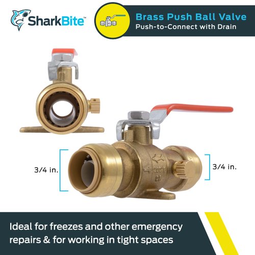 SharkBite 3/4 Inch Ball Valve with Drain Vent and Mounting Bracket, Push to Connect Brass Plumbing Fitting, PEX Pipe, Copper, CPVC, PE-RT, HDPE, 24616-0000LFA
