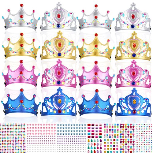 Epakh Princess Party Crowns Set, 27 Pcs DIY Crown with Diamond Stickers, Princess Party Supplies, Birthday Party Decoration Favor Supplies, Costume Headwear, for Children, Princess Fans