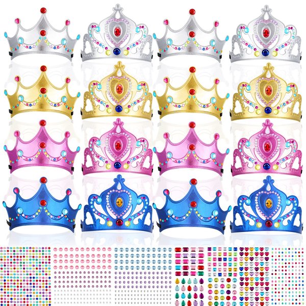 Epakh Princess Party Crowns Set, 27 Pcs DIY Crown with Diamond Stickers, Princess Party Supplies, Birthday Party Decoration Favor Supplies, Costume Headwear, for Children, Princess Fans