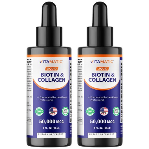 Vitamatic 2 Packs Liquid Biotin & Collagen for Hair Growth - Women & Men – Supports Glowing Skin, Healthy Hair & Nail Growth (2Fl Oz)