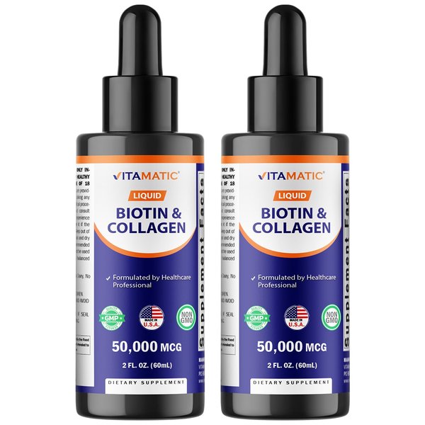 Vitamatic 2 Packs Liquid Biotin & Collagen for Hair Growth - Women & Men – Supports Glowing Skin, Healthy Hair & Nail Growth (2Fl Oz)
