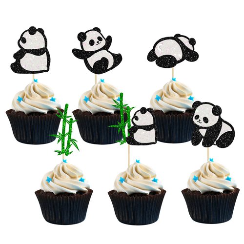 24Pcs Panda Cupcake Toppers Glitter Green Bamboo Cupcake Picks Cute Animal Bear Cake Decorations Baby Shower Kids Birthday Panda Theme Party Supplies