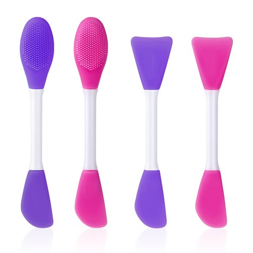 Bewudy 4 Pcs Face Mask Applicator, Reusable Silicone Facial Scrubber Brushes, Flexible for Applying Facial Mask Clay Mask Body Lotion Mask Beauty Tools Makeup Brushes Applicator (Purple + Rose red)