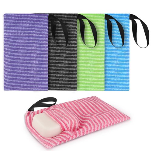 Linkidea 5 Pack Stripes Soap Bag for Soap Bars Bulk Pack, Wholesale Multi-Pack Exfoliating Sponge Body Scrubber Shower Soap Bag with Lanyard, Mesh Soap Saver Pouch for Foaming & Drying Soap Bags