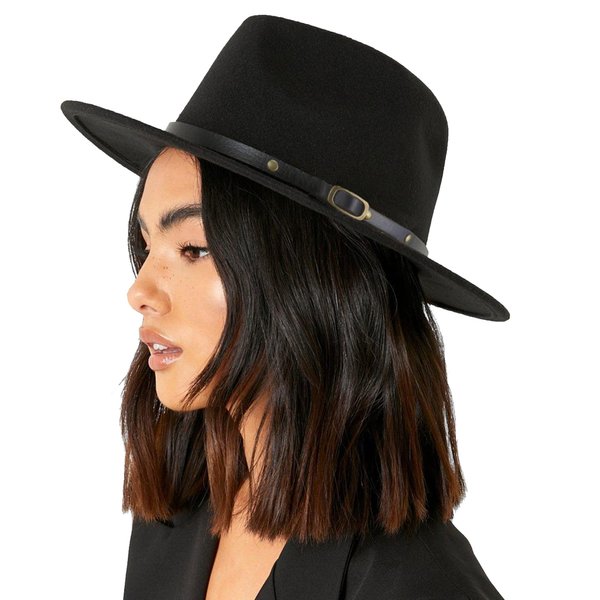 Womens Fedora-Floppy Vintage-Jazz-Hat - Wide Brim Felt Hat with Belt Buckle Panama Hat (Black,Medium (22"-23") 56-58cm,)