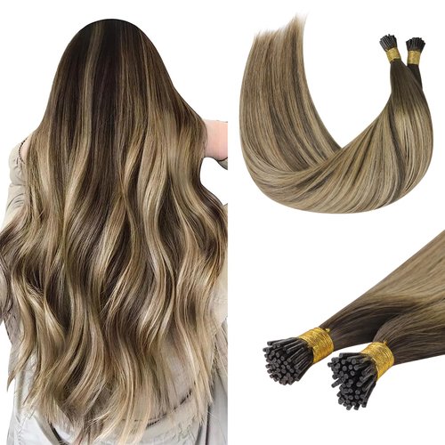DOORES I Tip Hair Extensions Human Hair, Balayage Chocolate Brown to Honey Blonde 50g/50s 22 Inch, I Tip Remy Hair Extensions Cold Fusion Hair Extensions Itip Extensions Straight Human Hair Extensions
