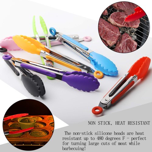 Mr.EV 7Pack Kitchen Tongs Set 7-Inch Color Mini Small Food Tongs with Stainless Steel Silicon Handles and Nylon Tips Heat Resistant Tongs for Cooking,Serving,BBQ,Grilling, Salad and More (Multicolor)