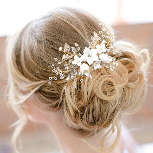 Oriamour Bridal Hair Comb For Brides Ceramic Flower Side Comb Hair Clip For Women Hair Accessories for Brides (Gold)