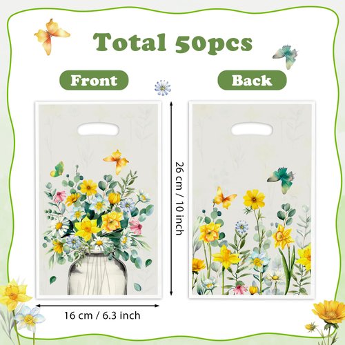 ArowlWesh Bright Wildflower Party Favor Bags - 50Pcs Plastic Bright Wild Flowers Candy Treat Gift Bag with Handles Floral Butterfly Snack Goodie Bags Wedding Birthday Party Supplies Baby Shower Decor